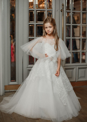 Puff Sleeves White Glitter Lace Tulle Flower Girl Dress